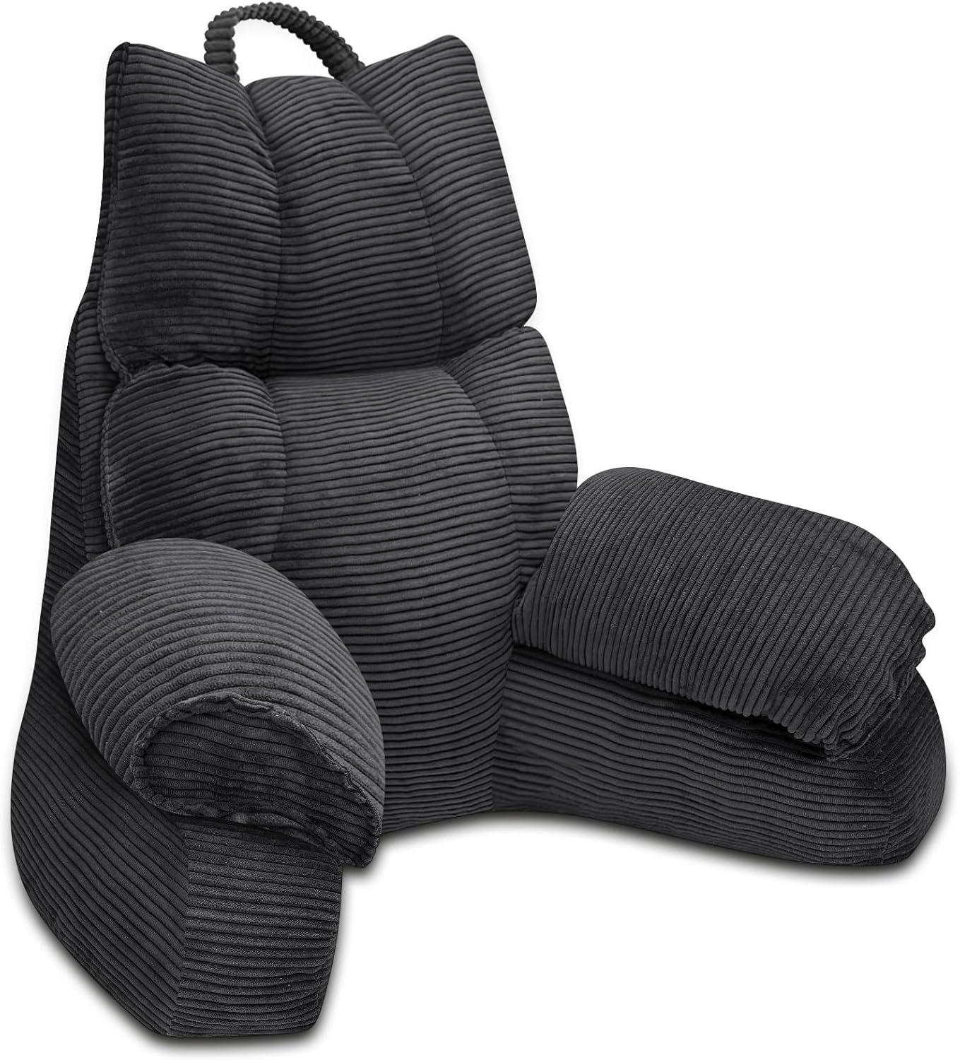 RRPAHWTV Reading Pillow for Bed with High Arm Rests ,Back Support Pillow for Sitting Up in Bed with Shredded Memory Foam for Reading, TV, Gaming or Relaxing on Floor?Grey Black, Large? Grey Black Large-For heights over5'3"-Weight6.83 lbs