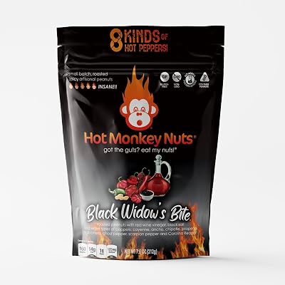Hot Monkey Nuts Spicy Peanuts | Black Widow's Bite - Red Wine Vinegar, Black Lava Salt, Carolina Reaper, Trinidad Scorpion, Ghost Pepper, Habanero, Jalapeno, Chipotle, Ancho, Cayenne, Non-GMO, Gluten Free, Vegan