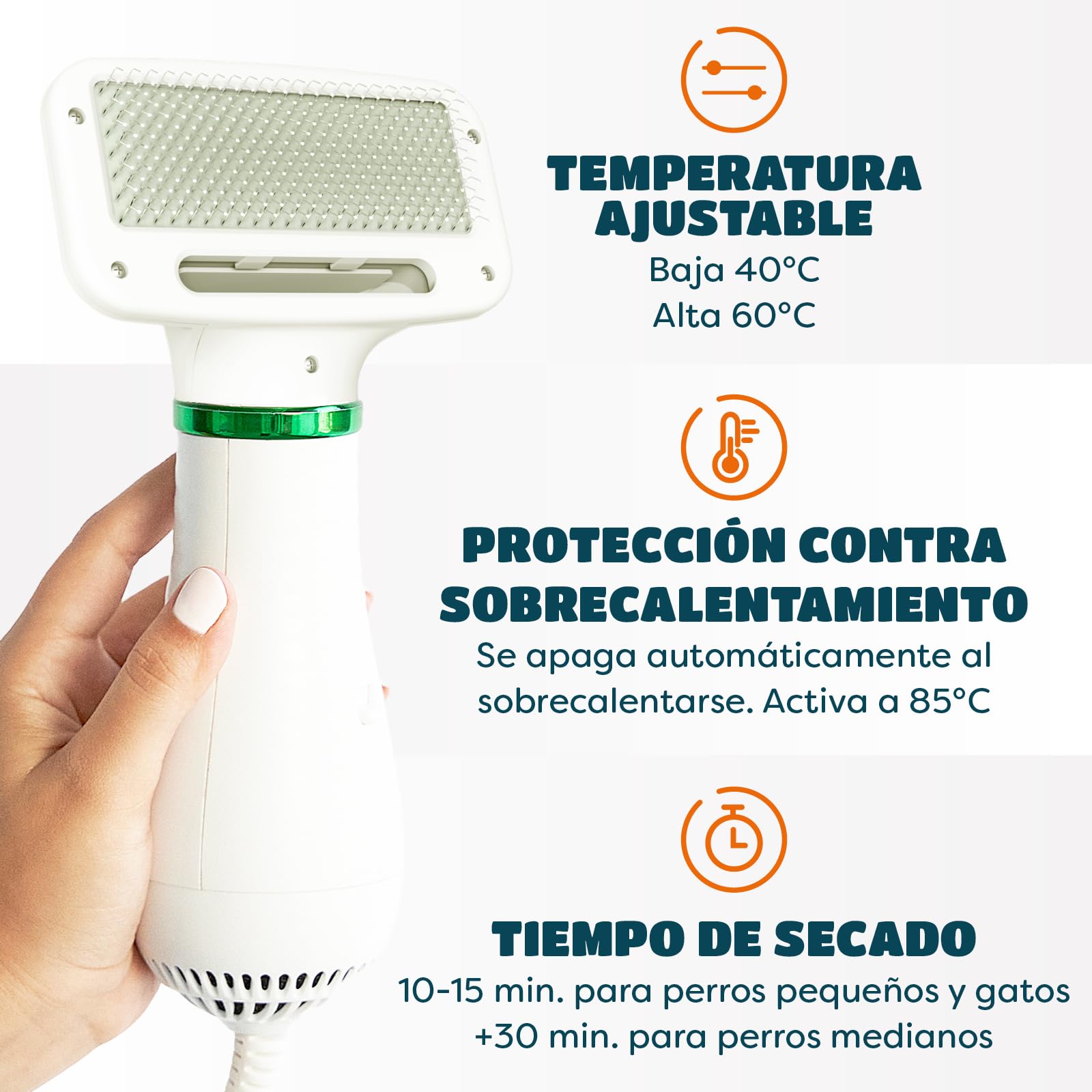Secador de Pelo para Mascotas | Secador de Pelo Portátil y Silencioso 2 en 1 con un Cepillo Práctico | Temperatura Ajustable | para Perros y Gatos Pequeños y Medianos
