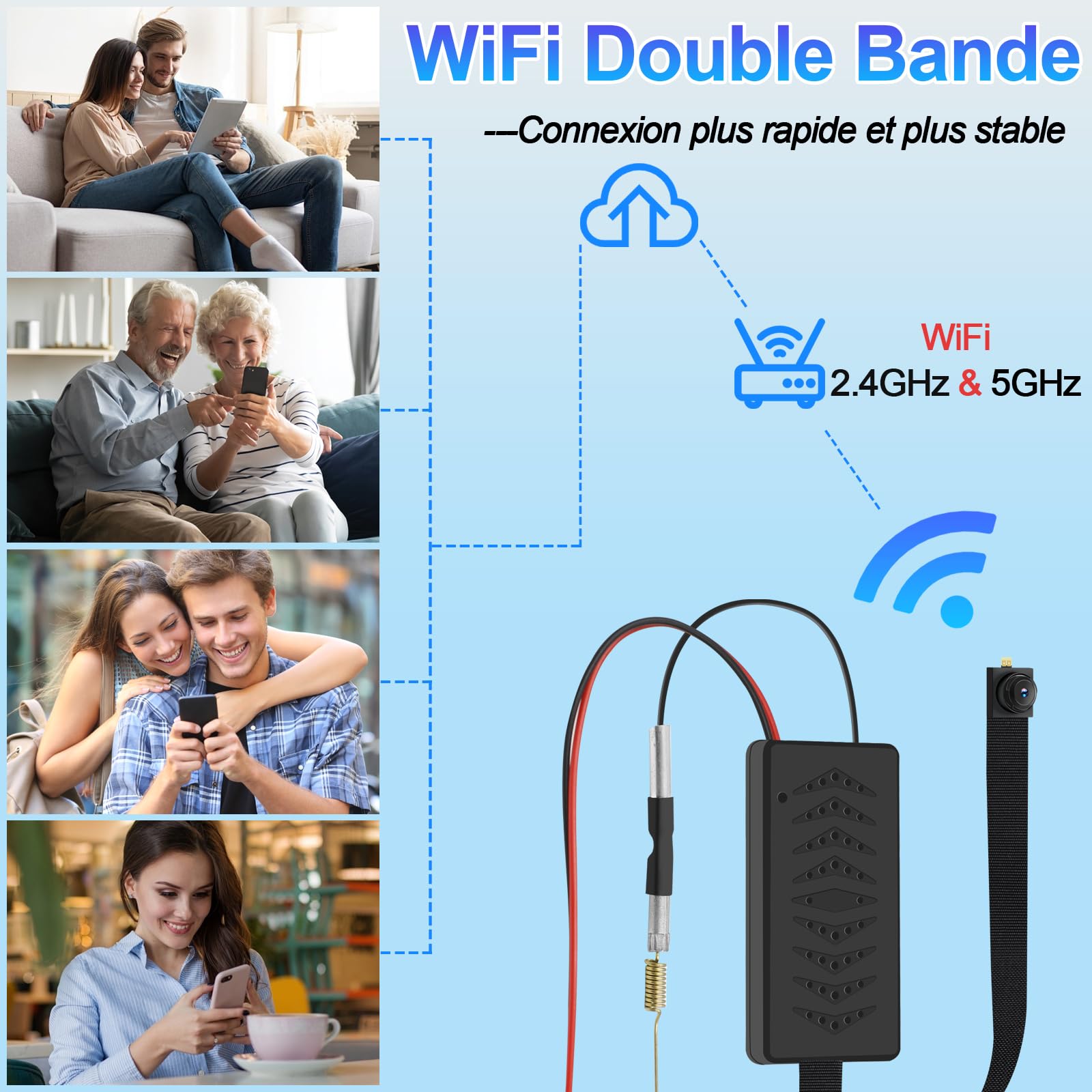 Camera Espion Mini 1080P WiFi Double Bande, Détection Mouvement | 5-6h batterie, 120° grand angle, 2.4G & 5G, enregistrement en boucle, application