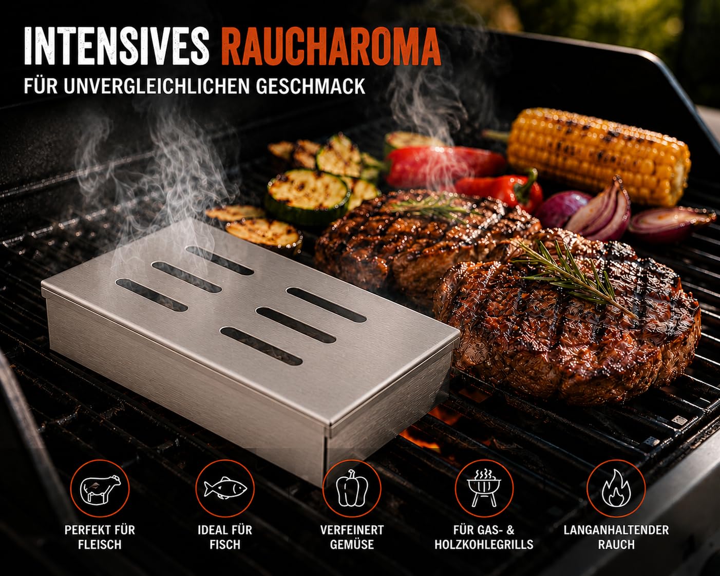 Premium Räucherbox Edelstahl mit Räucherchips Set – Smokerbox für Gasgrill, Holzkohlegrill & Smoker – 4 Holzsorten Buche Apfel Kirsche Whiskey – BBQ Geschenk für Männer (Premium Räucher Set)
