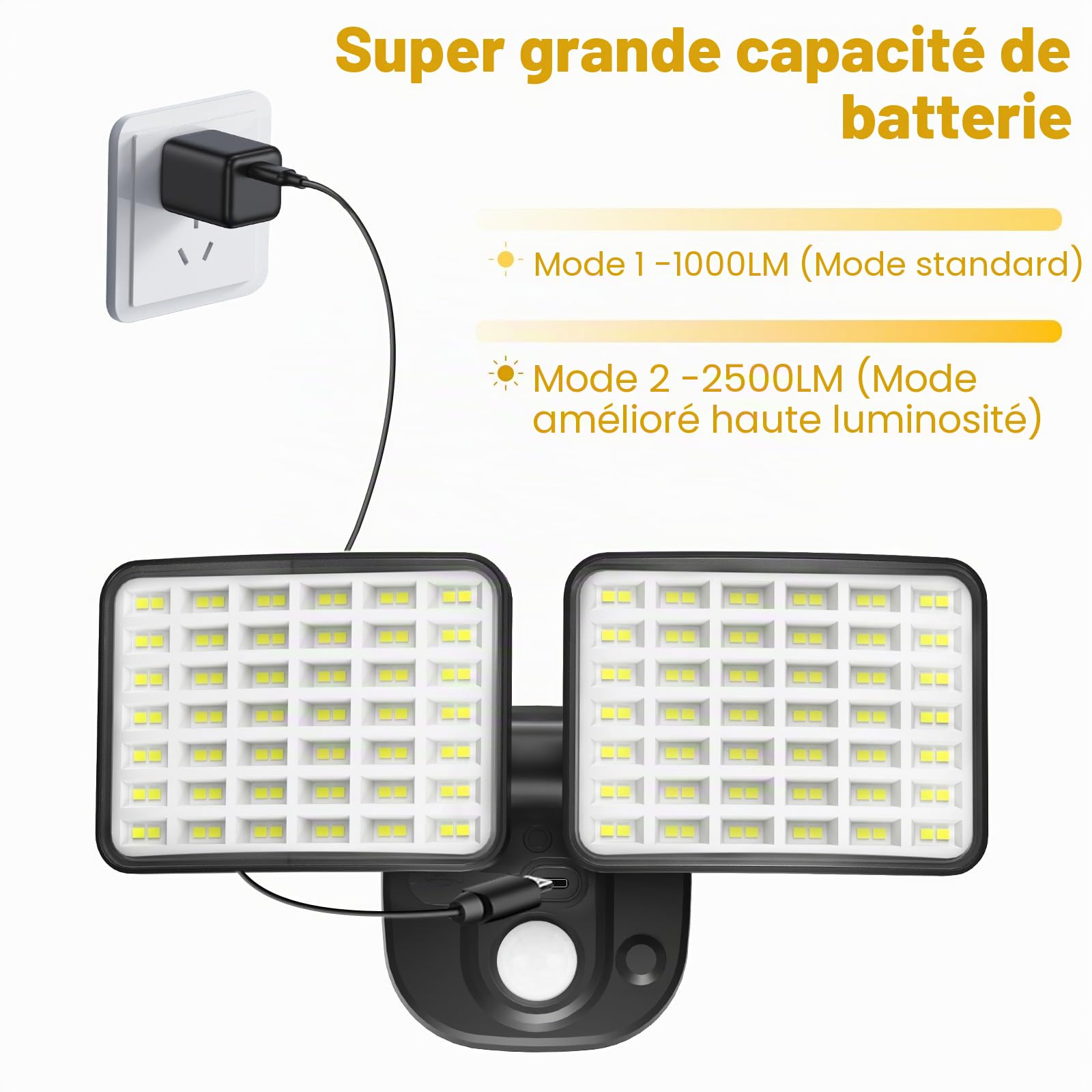 Lampe extérieure rechargeable avec détecteur de mouvement, lampe batterie rechargeable (durée de vie de 1 à 3 mois), projecteur LED avec détecteur de mouvement extérieur, rechargeable par USB