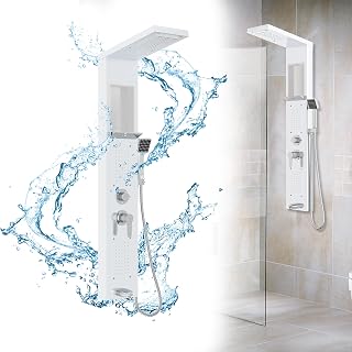 HENGMEI Duschpaneelsystem Duschpaneel Edelstahl Gebürstet Duschsäule mit 5 Duschmodi Duschset Duschpaneelturm mit Regendusche, Massagedusche, Wasserfalldusche, Handbrause(Weiß)