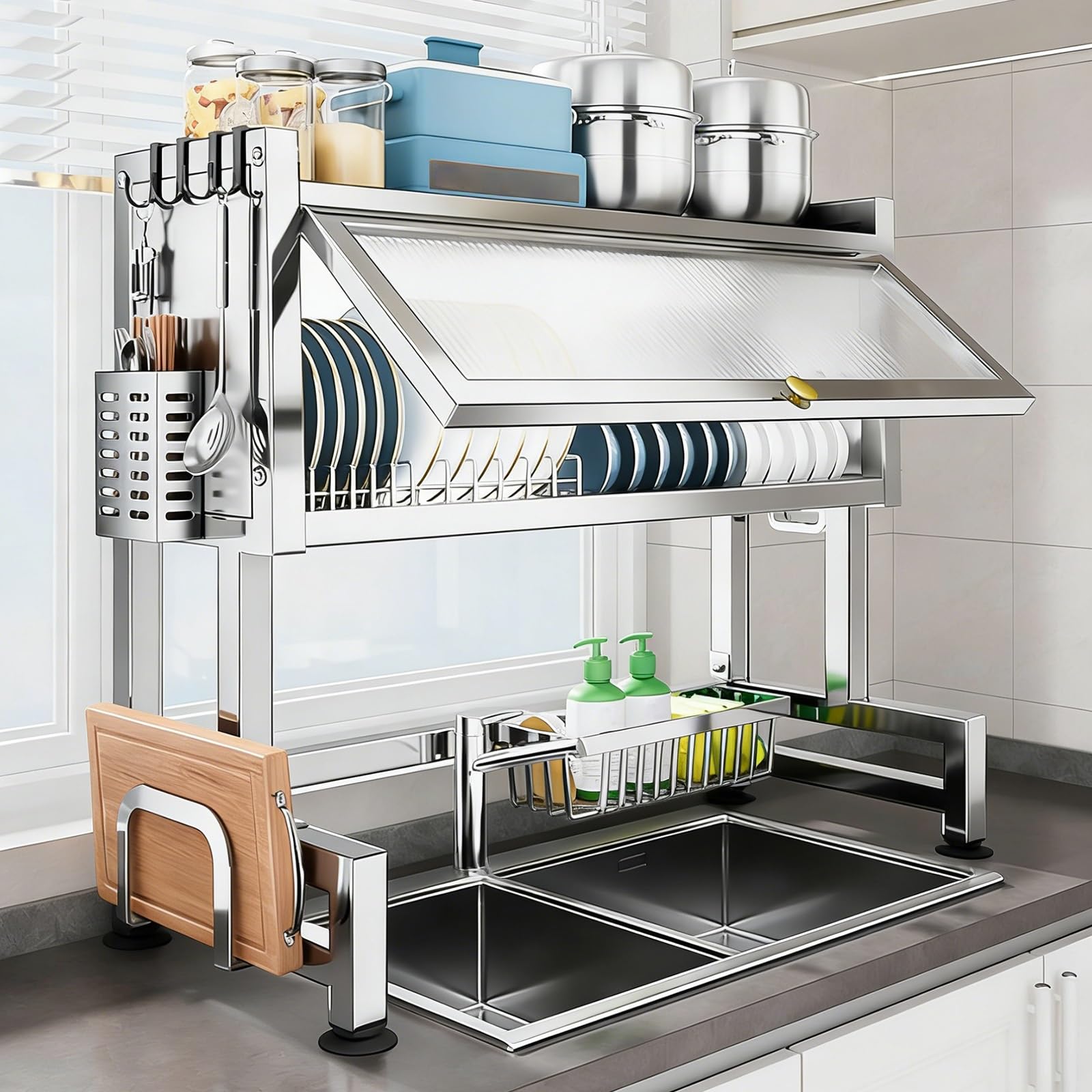Escurridor de platos de acero inoxidable para encimera de cocina con bandeja de goteo, organizador de encimera con tapa que ahorra espacio, gran capacidad