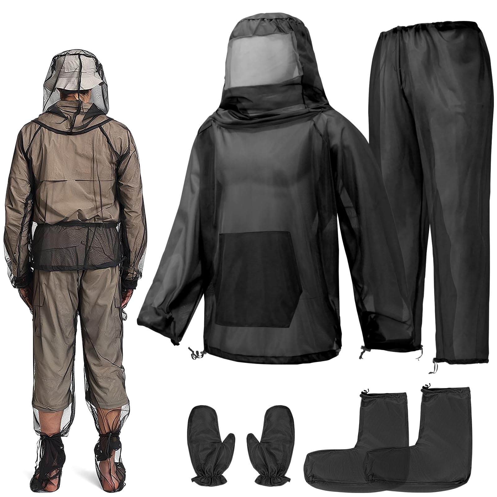Mosquito Bug Suit for Men Women, 4 Pcs Full Body Mosquito Net Suit Jacket, Pants, Gloves, Socks Breathable Mesh