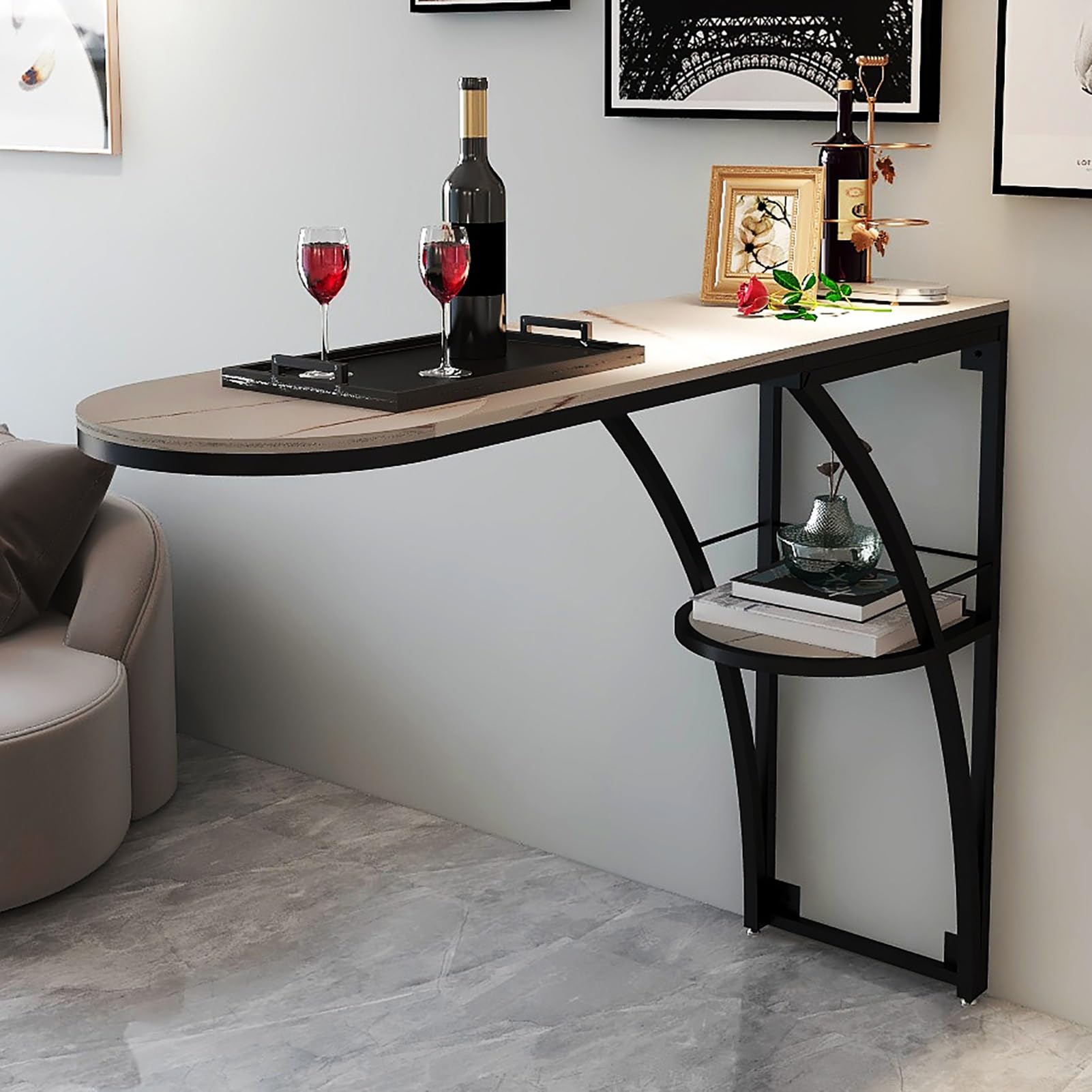 Mesa de bar industrial, escritorio de pared, mesa de altura de mostrador, mesas de bar con estructura metálica resistente, para cocina, sala de estar, balcón o sótano (150 * 40 * 105 cm / 59 * 16 *