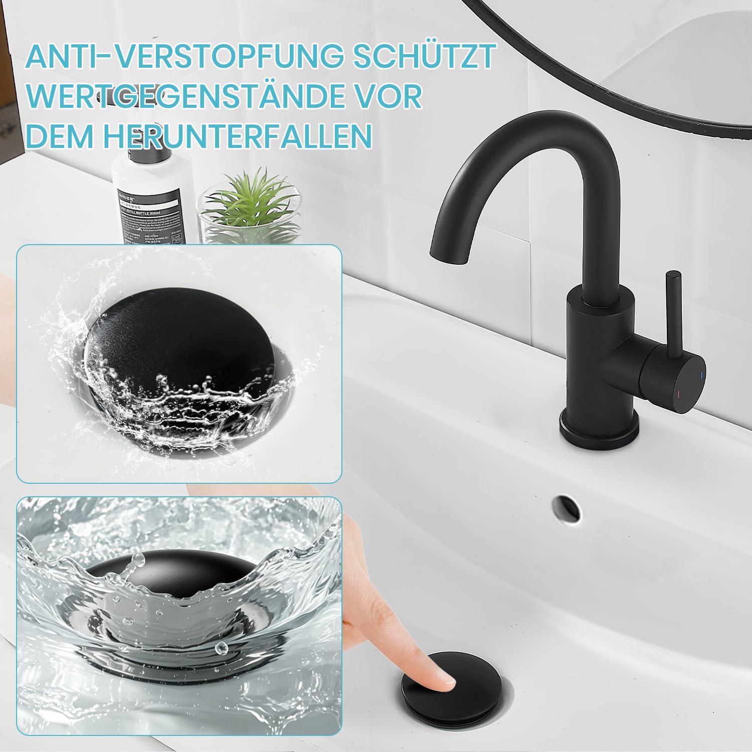 Wasserhahn Bad Hoch Mit Ablaufgarnitur,Badarmatur Schwarz