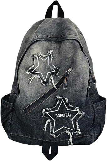 Y2K Backpack Lightweight Travel Denim Backpack with Multi-Pocket Retro Jean Large Star Bag for Students and Adults Y2k