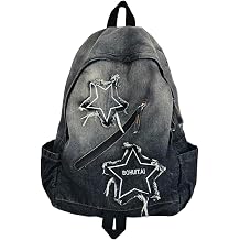 Y2K Backpack Lightweight Travel Denim Backpack with Multi-Pocket Retro Jean Large Star Bag for Students and Adults Y2k