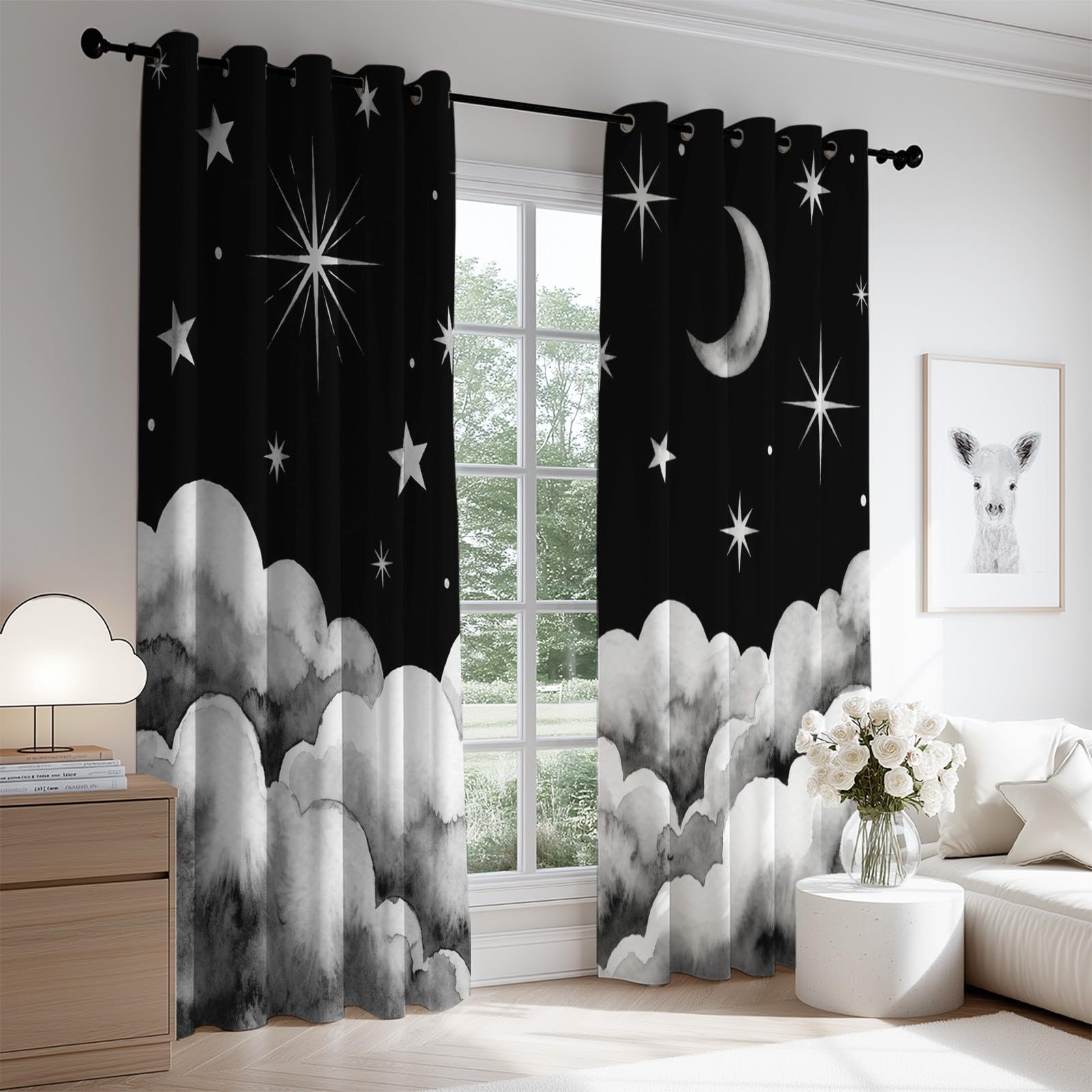 Générique Rideaux Occultant Thermiques & Anti Froid, Rideau à Oeillets Minimalist Watercolour, Hydrofuge Rideau Motif Cloud Night Sky, 135 x 245 CM (LxH) Rideaux Lot de 2 pour Salon Chambree