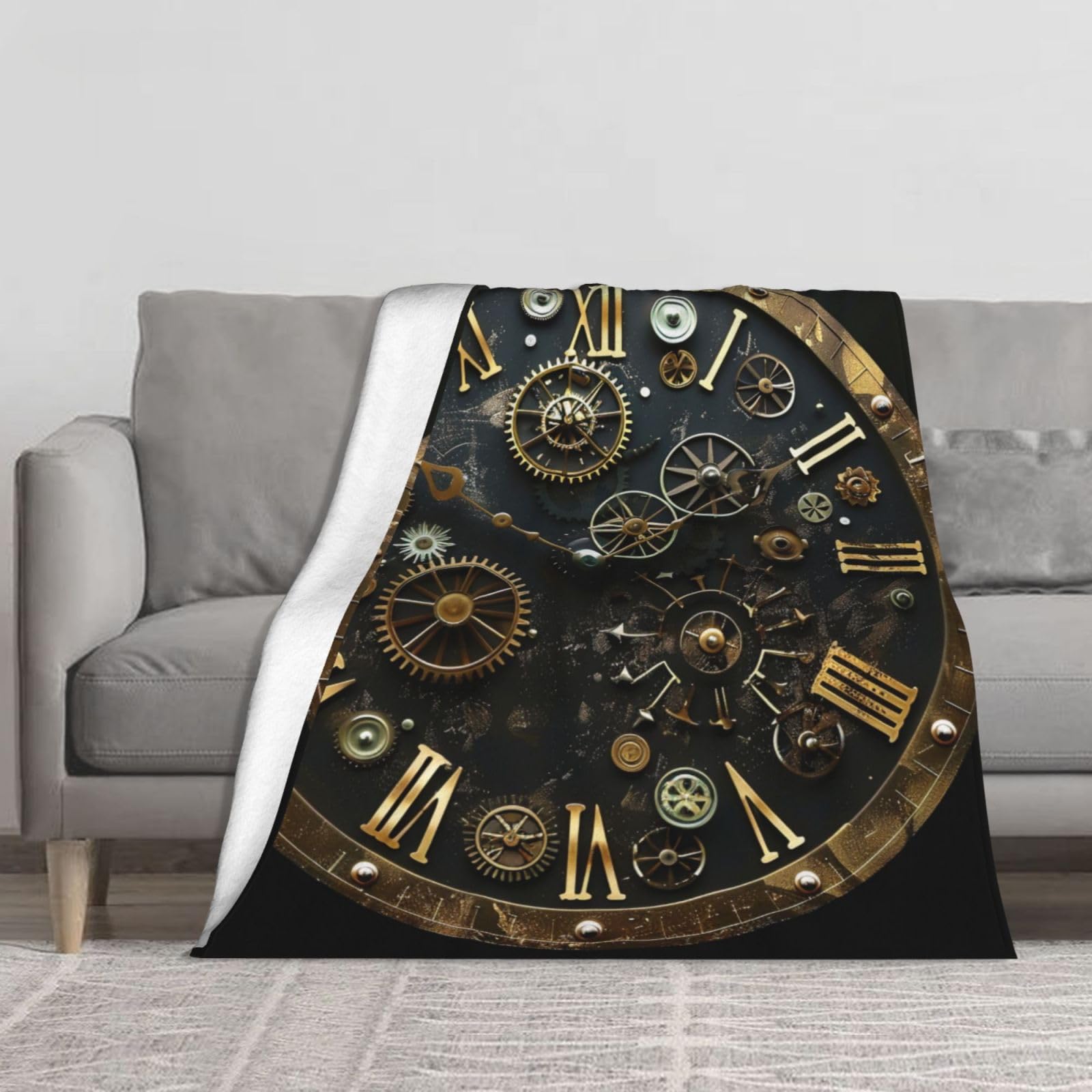 BWWHCCTI Gears Clock Bronze Century Printed Thickened Blanket 50x60 inch Cute Warm Flannel Throw Blankets for Bed Couch Sofa Office