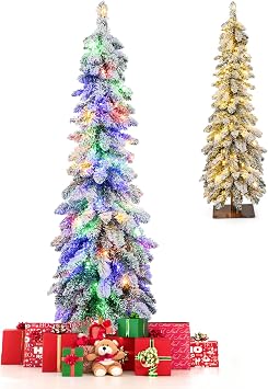 GOFLAME 4 FT Pre-Lit Artificial Christmas Tree, Snow Flocked Slim Pencil Christmas Tree with Multi-Color & Warm-White LED Lights, 11 Lighting Modes, 225 Branch Tips, Xmas Holiday Decoration Tree