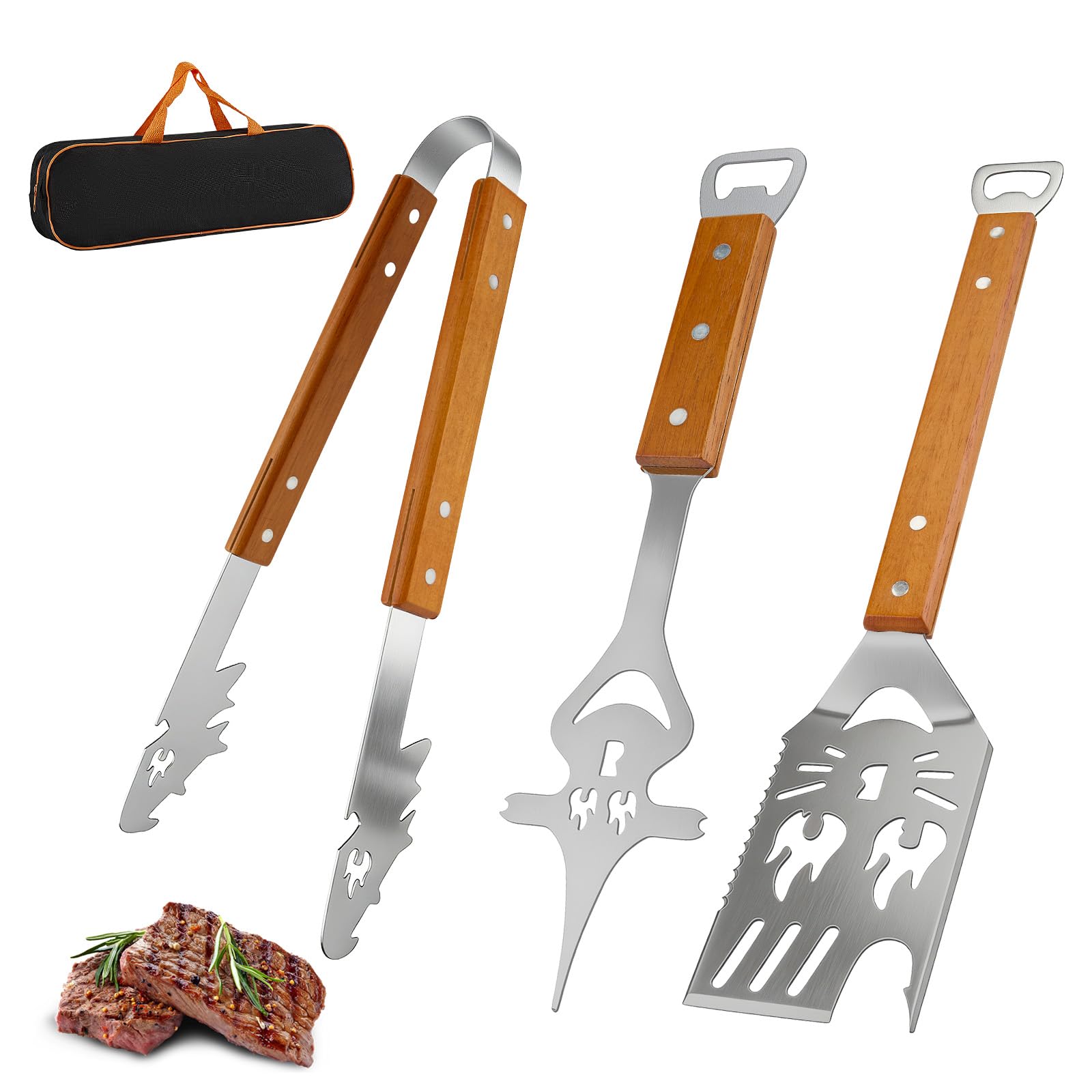 3-Piece BBQ Tools Set with Grill Spatula, Tongs, Fork - Wooden Handles, Duty Stainless Steel Barbecue Utensils Kit, 7-in-1 Turner & 6-in-1 Fork Functions As A Bottle Opener-Surprise Gifts for Men Dad - 1