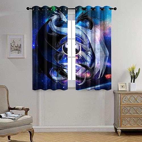 Miniatura 4 de INSFBRB Cortinas frescas japonesas de dragón para dormitorio - Fantasía galaxia nube negra blanca dragón Yin Yang cortinas para ventana, cortinas