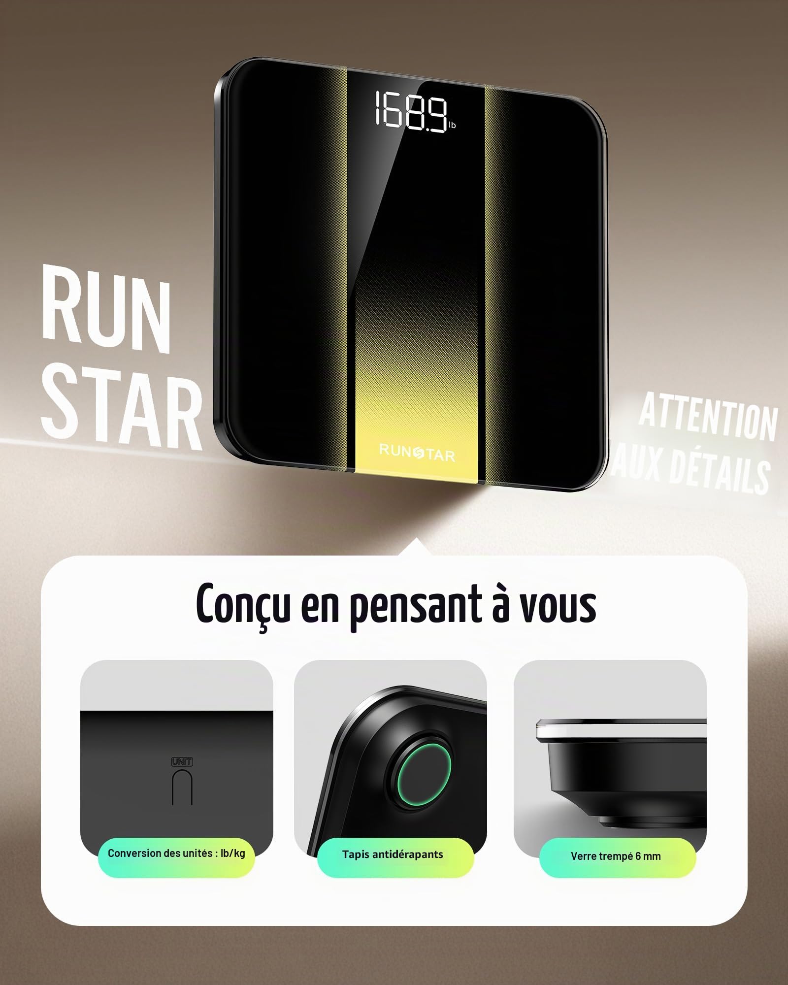 RunSTAR Balance Pese Personne, Haute précision avec grand écran rétroéclairé à LED clair, Pese personnes avec verre trempé de 6 mm, 180kg/400lb