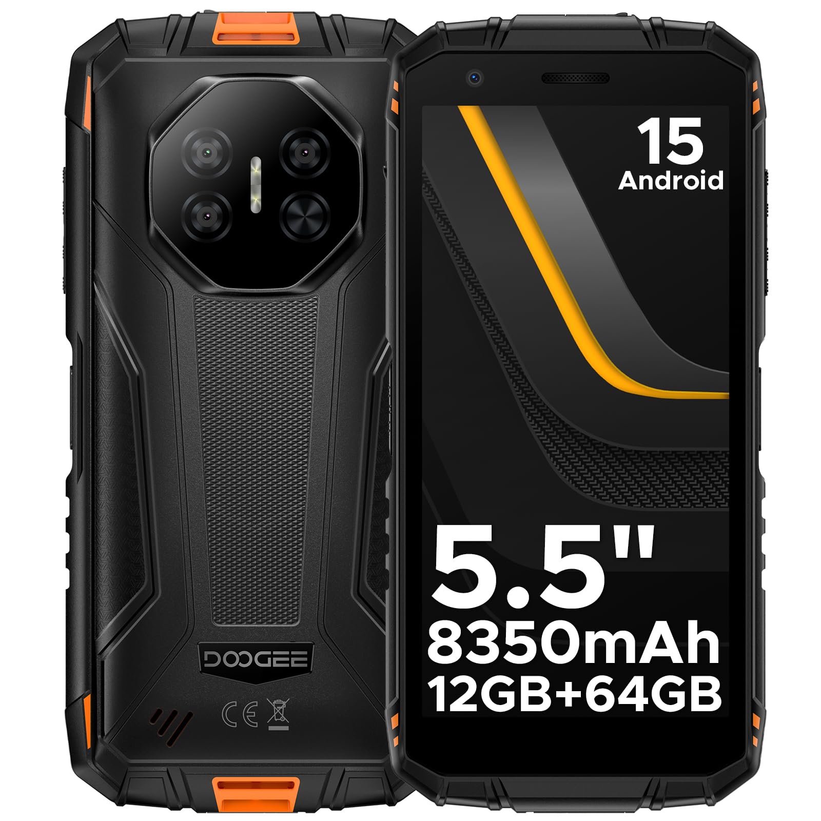 DOOGEE Fire 3 Rugged Smartphone Android 15, UNISOC SC9863A, 5.5" IPS HD+ Display, 8350mAh Telefono Indistruttibile, 12GB+64GB/2TB, 13MP+8MP Telefono Rugged, Widevine L1/Face Unlock/NFC- Arancio