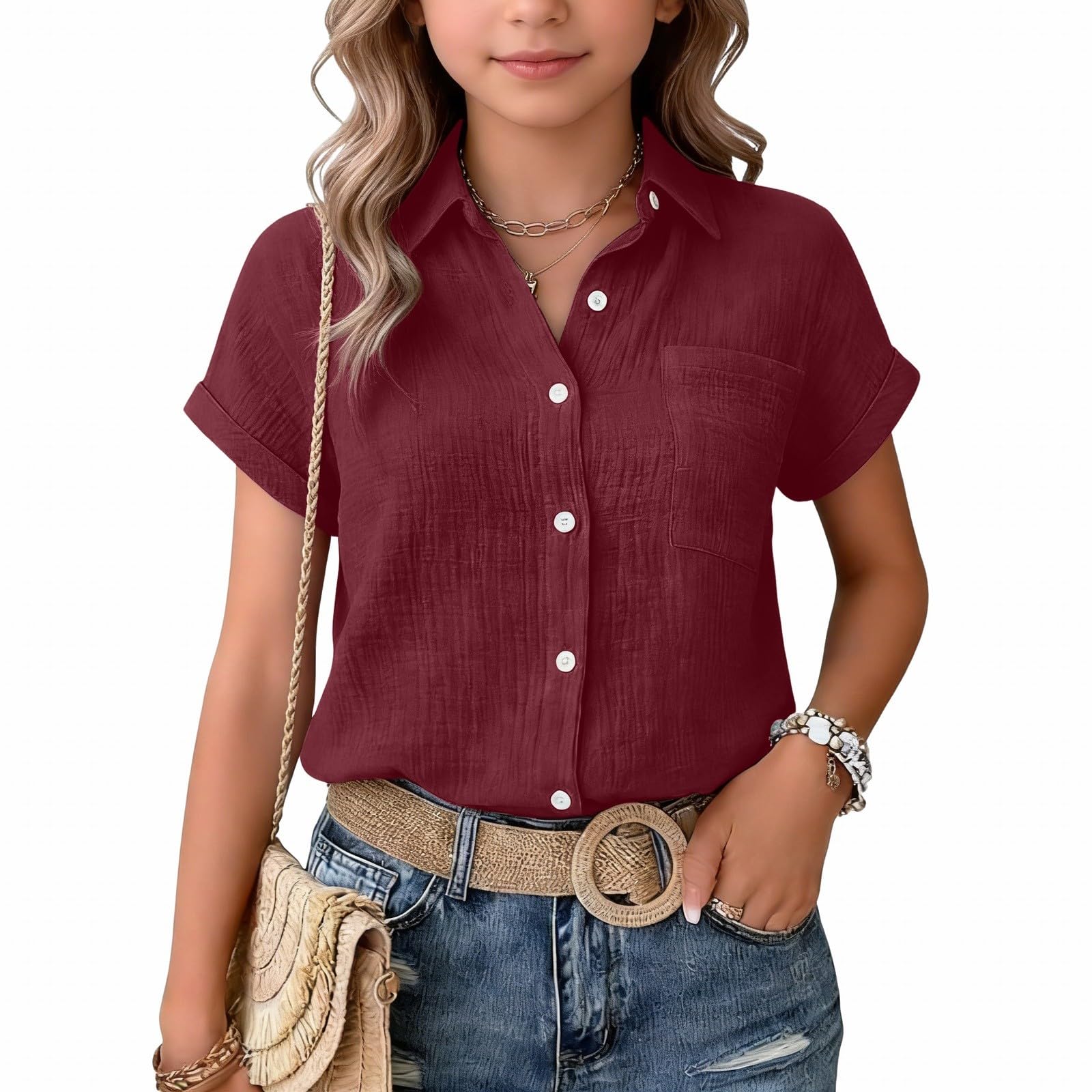Blusen & Tuniken für Mädchen Casual Musselin Bluse Einfarbig Leinenhemd Locker Baumwolle Leinen Hemd Knöpfe Revers Sommerhemd Dünne Sommer Shirt Leichte Kurzarm Freizeithemden für Kinder Tops Shirts