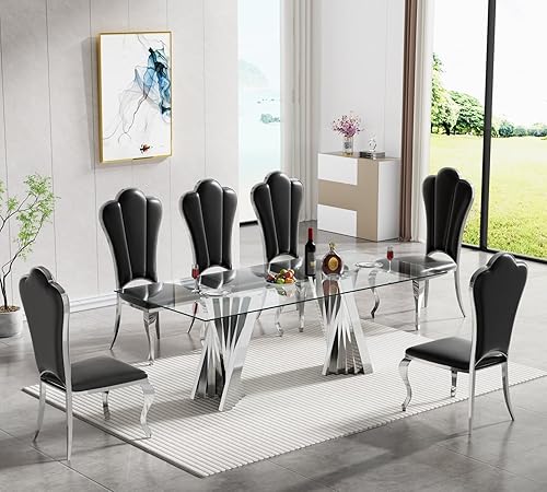 Miniatura 48 de SSLine Moderno juego de mesa de comedor de cristal de 7 piezas para 6 mesas de cocina y sillas de cristal dorado de lujo para 6 elegantes mesas de