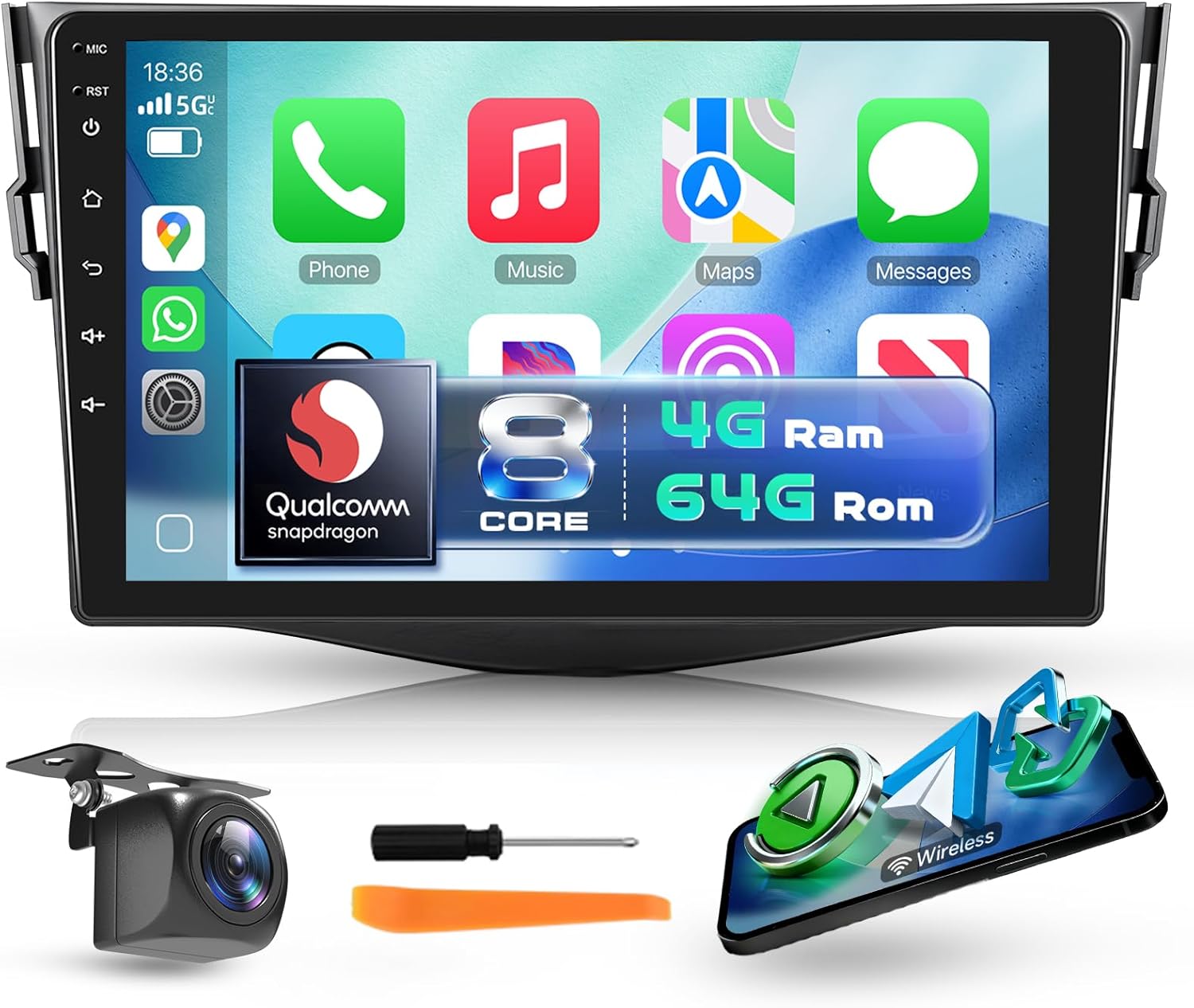 Qualcomm 8-Core 4G+64G Car Radio Stereo for Toyota RAV4 2007-2012, Upriding 9" 1280P QLED Touchscreen Radio with Wireless Carplay Android Auto DSP BT5.1 GPS 5GWifi SWC Backup Camera