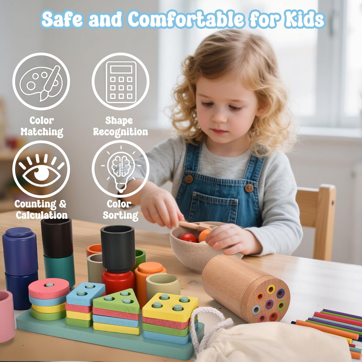 Montessori Toys for 1-3 Year,3 in 1 Wooden Learning Fine Motor Skills Toys Rainbow Color Sorting Toy for Toddlers - Preschool Color Matching, Educational Color Recognition ShapeSorter Boys Girls Gifts