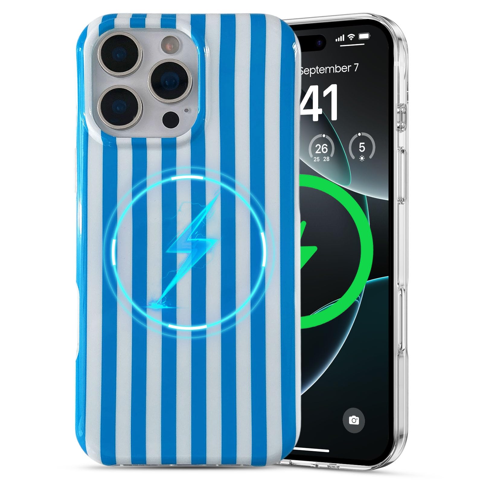 EYZUTAK Magnetic for iPhone iPhone 13/iPhone 14 Case Compatible with MagSafe, Fashion Cute Striped Phone Case Simple Chic Aesthetic Slim TPU Protective Cover for Women Girl - Vertical Stripe Blue