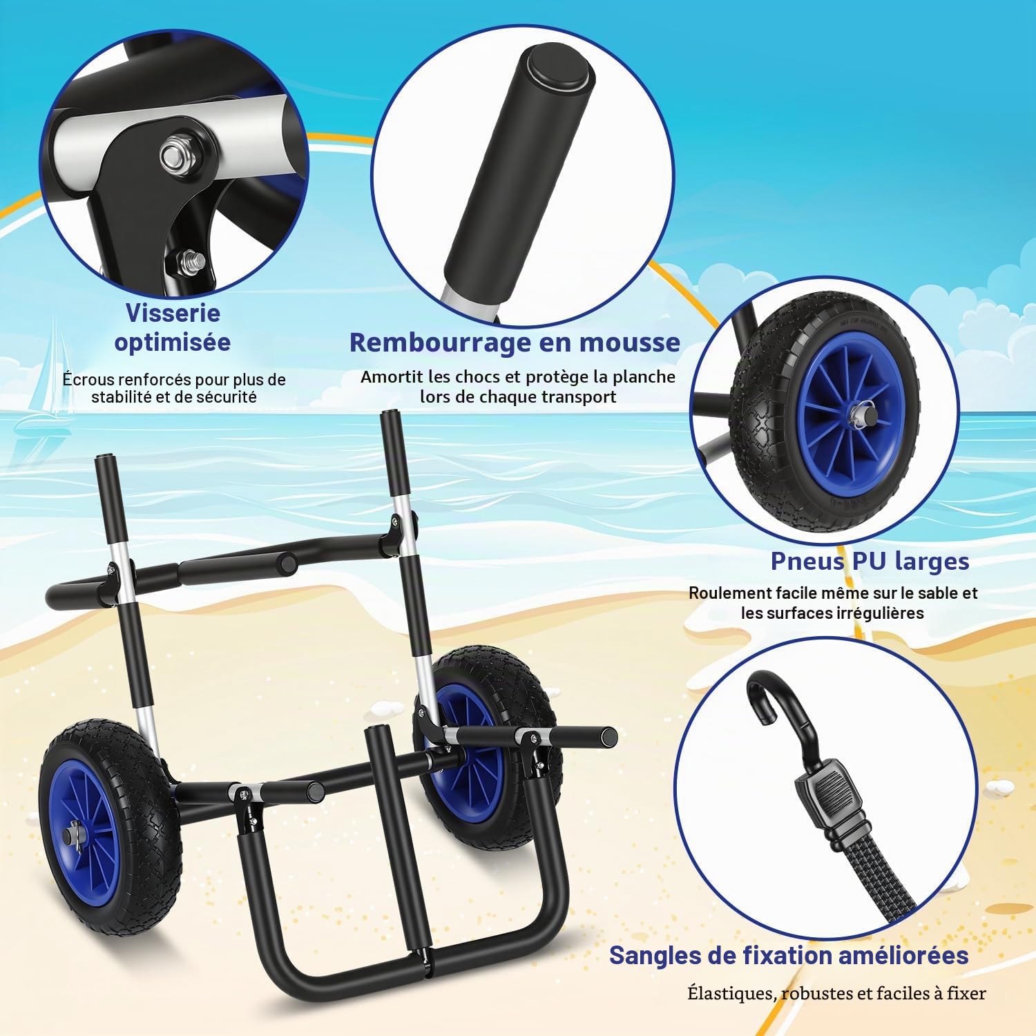 Herrselsam Chariot de transport pour planche de SUP, simple ou double, pliable, rembourré, avec 2 sangles de sécurité