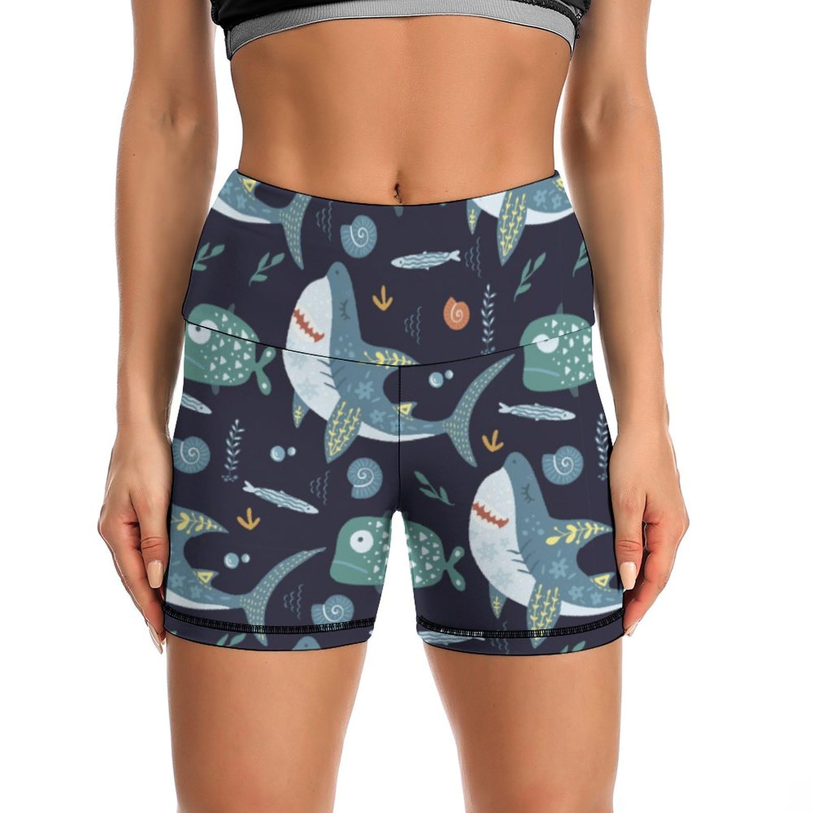 Cute Shark High Waist Yoga Shorts for Women Athletic Shorts Leggings Running Pants Black
