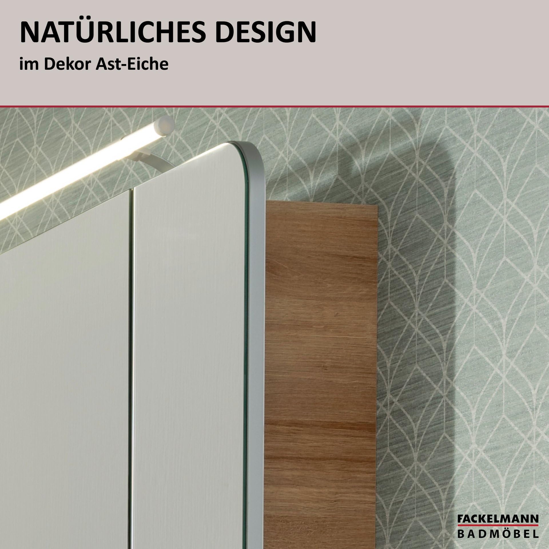 FACKELMANN LED Spiegelschrank Milano/Badschrank mit 3D Effekt/Soft-Close/Maße (B x H x T): ca. 90 x 78 x 15,5 cm/Schrank mit Spiegel & LED-Beleuchtung fürs Bad / 3 Türen/Korpus: Braun hell