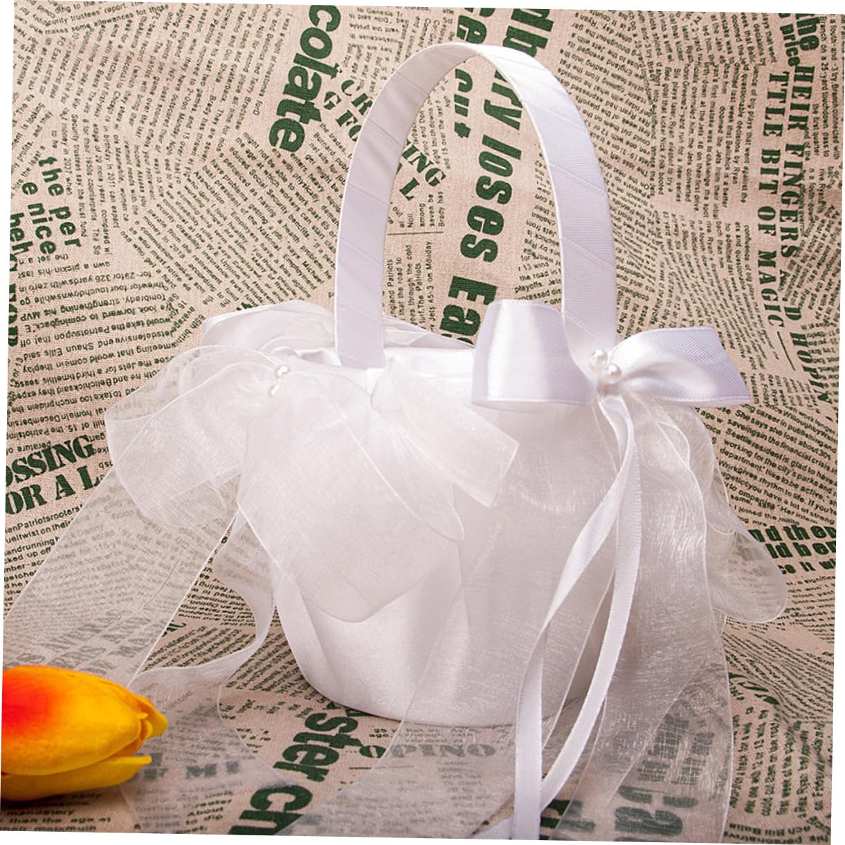 PRETYZOOM 3pièces Panier à Fleurs De Mariage Avec Nœud Tulle Pour Cérémonie Décoration De Mariage Et Événements Spéciaux Blanc