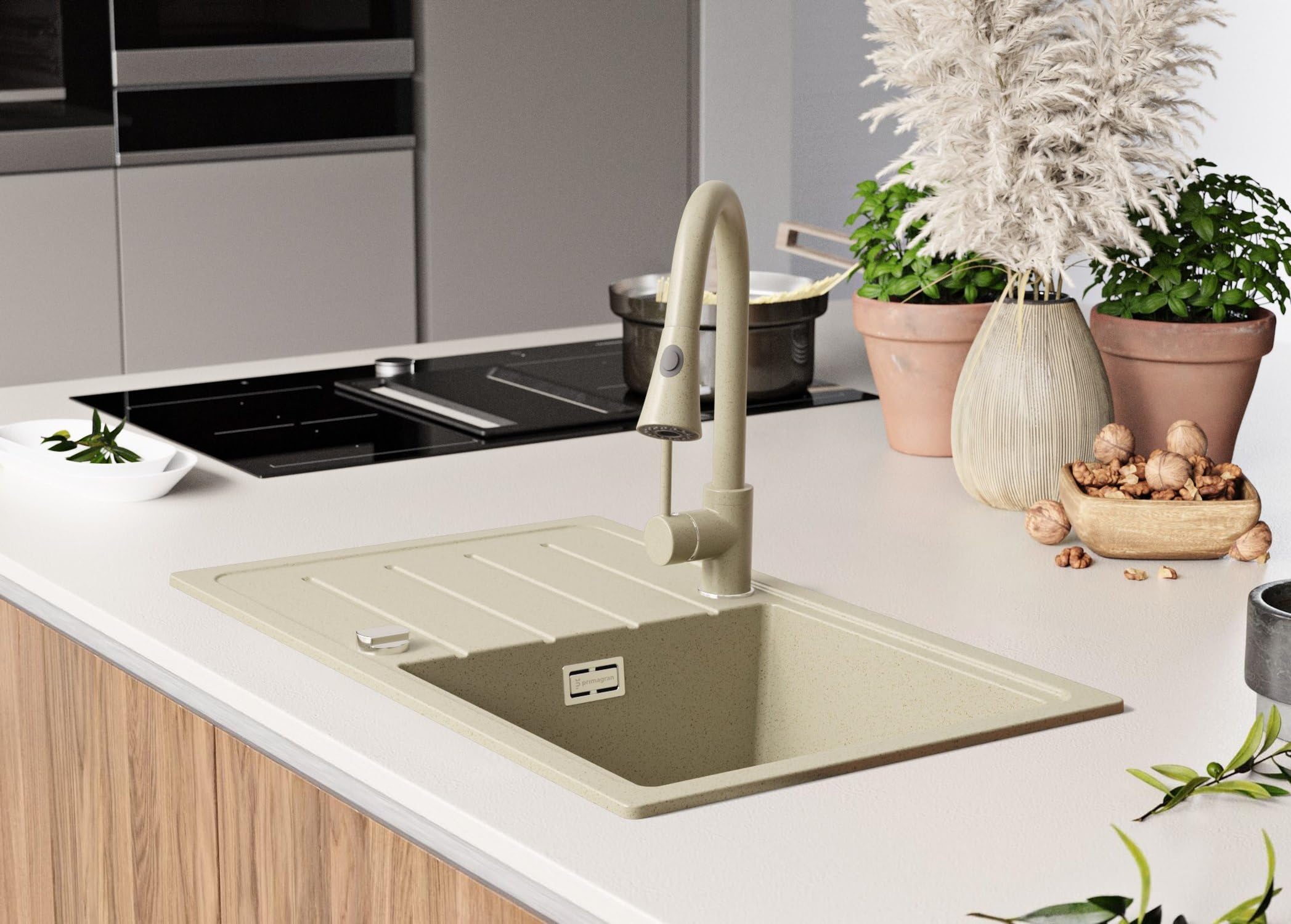 PRIMAGRAN Lavello da Cucina Beige 70x44cm, Lavandino in Granito a 1 vasca + Sifone Classico, Lavabo da Cucina Incasso al Mobile 45cm - Copenhagen Easy S040