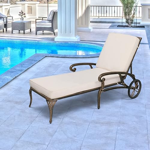 VINGLI Cast Aluminum Outdoor Chaise Lounge Chair with Wheels, Patio