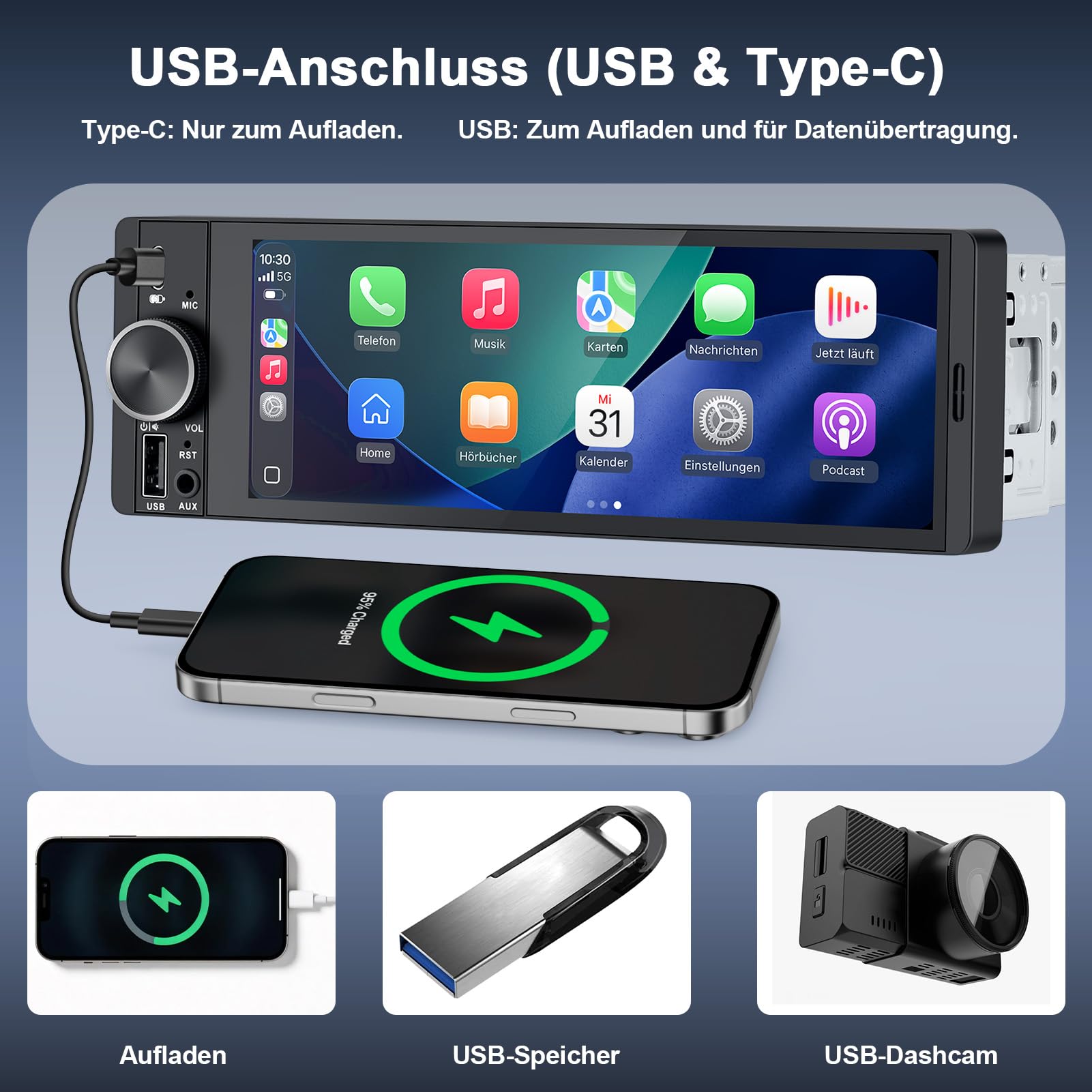 1 DIN Bluetooth Autoradio mit Bildschirm, Single DIN Auto Radio mit Wireless Apple CarPlay Android Auto Navi Rückfahrkamera FM Freisprecheinrichtung Lenkradsteuerung Mirror Link 6,9”Touch Display