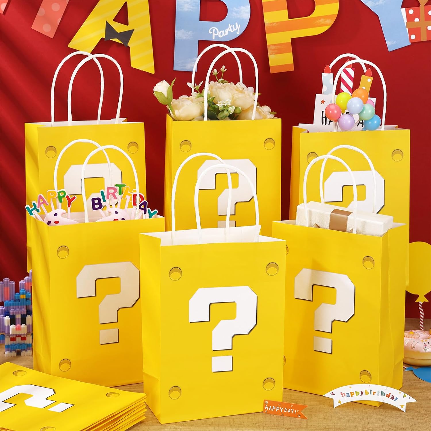 24 Pcs Yellow Party Gift Bags Video Game Themed Goodie Bag Cartoon Paper Candy Bags for Birthday Party Decorations Supplies