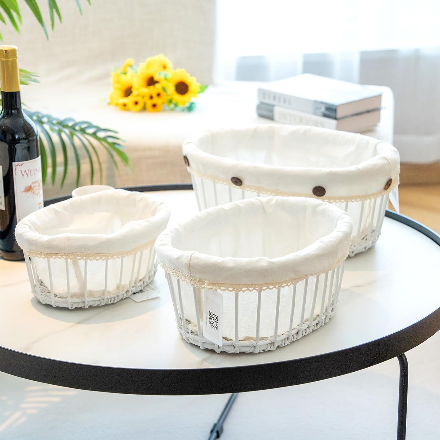 Oval Wicker Storage Basket with Lining, (Large White)