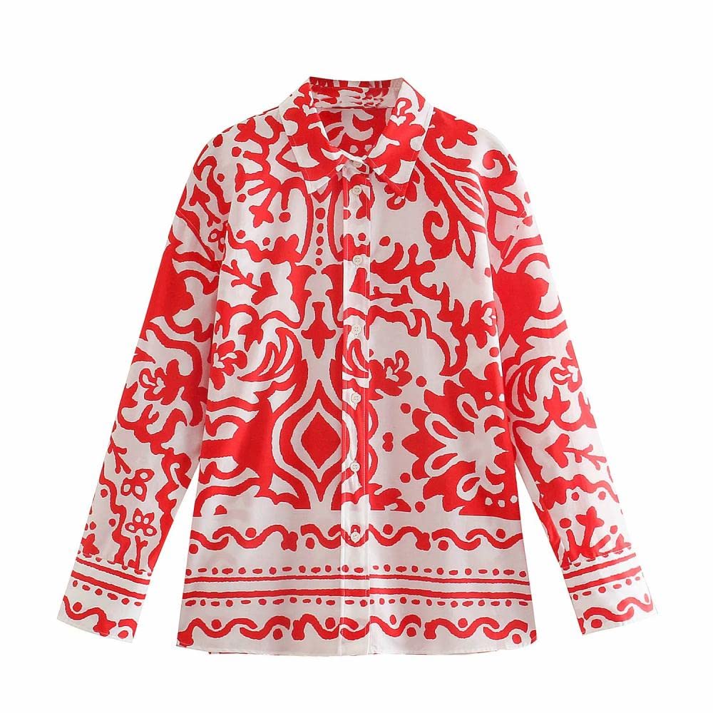 Bluse,Frauen Vintage Rot Revers Knopf Totem Blumendruck Ethnische Sommer Blusen Langarm Schick Elegant Lässig Stilvolle Tops Lockeres Bürohemd