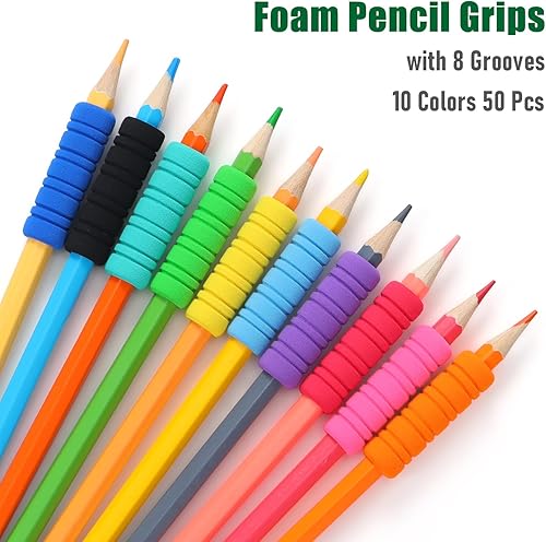 Miniatura 9 de 50 empuñaduras de espuma para lápices de 11 anillos para escritura a mano para niños y adultos, 10 colores para aliviar los dedos, cojín de soporte