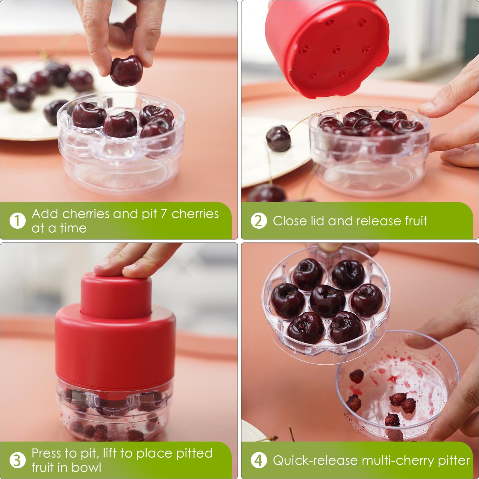 7-Hole Cherry Pitter Tool - Easy Push Down Pit Remover For Cherry Pie & Jam Making (Red)