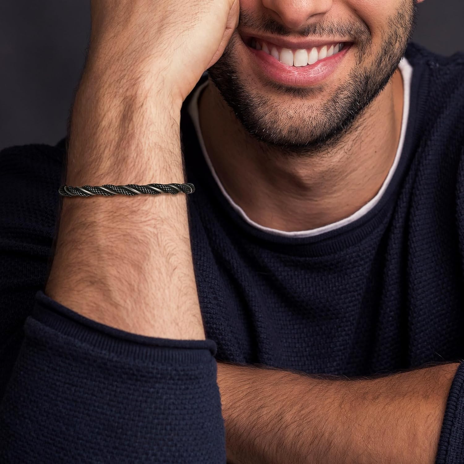 HZMAN Cuff Bracelet for Men Stainless Steel Classic Black Elastic Bracelet Twisted Cable Bangle Bracelet Jewelry Gift - Image 3