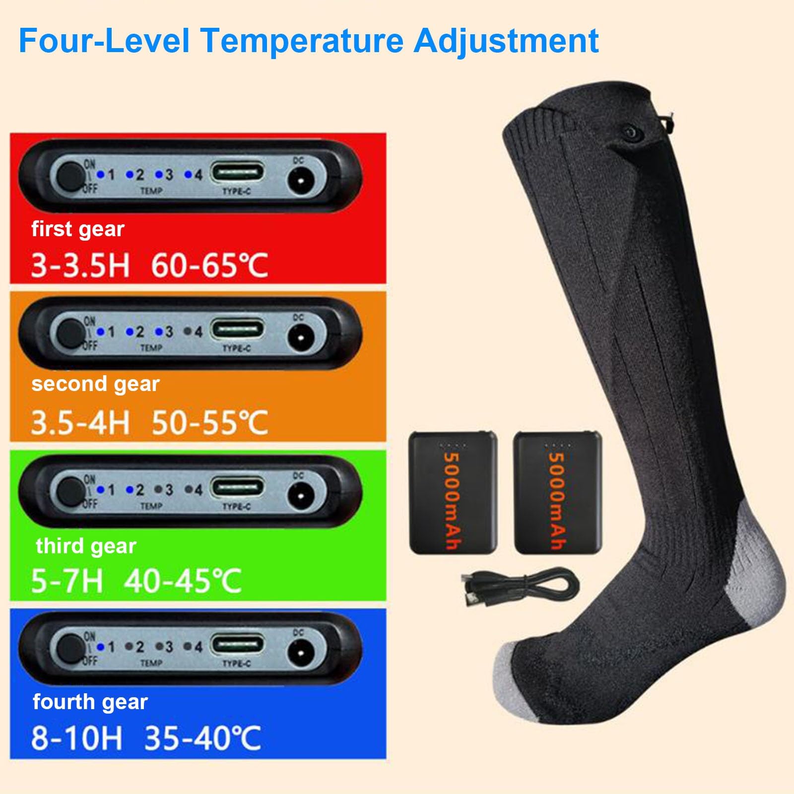 Calze Riscaldate a Batteria, 2 Set 5000mah/5v Max, con 4 Impostazioni di Calore, Calze Termiche Riscaldate per Escursioni, Campeggio, Sci, Pesca, Caccia