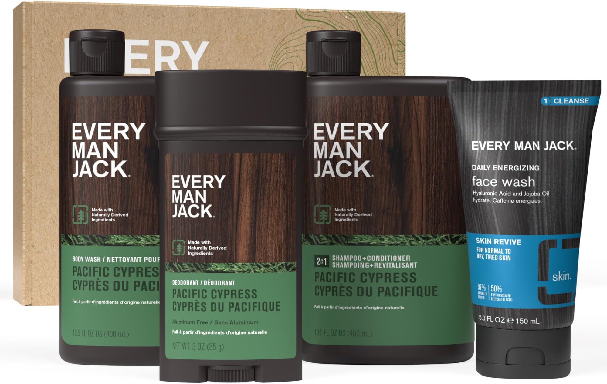 Every Man Jack Men’s Pacific Cypress Bath and Body Gift Set - Clean Ingredients & Conifer Branches, Sea Salt, and Citrus Scent - Body Wash, 2-in-1 Shampoo, Deodorant & Face Wash