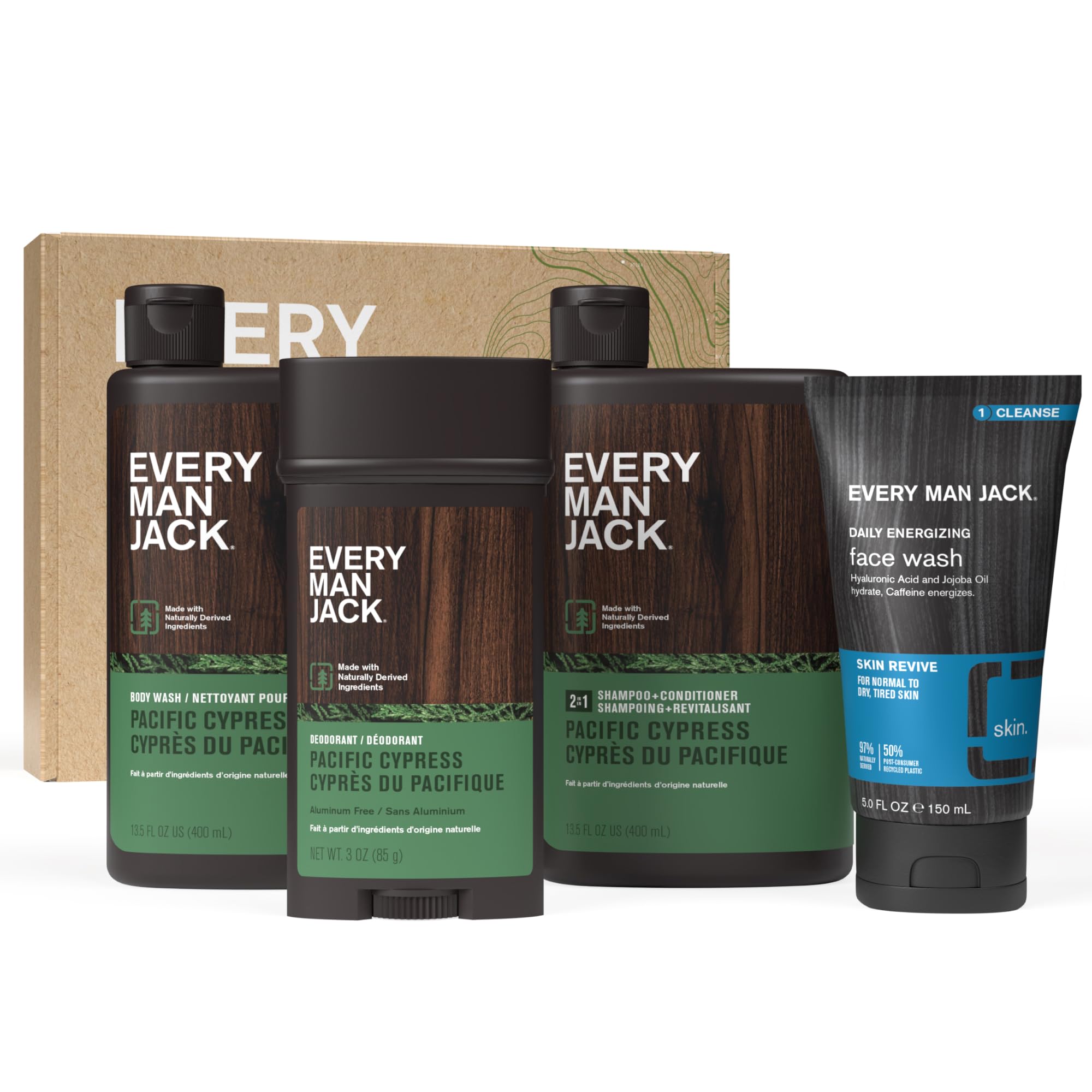 Every Man Jack Men’s Pacific Cypress Bath and Body Gift Set - Clean Ingredients & Conifer Branches, Sea Salt, and Citrus Scent - Body Wash, 2-in-1 Shampoo, Deodorant & Face Wash