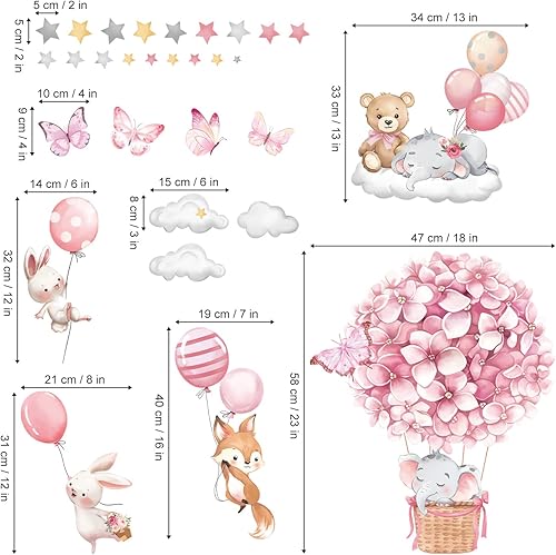 Miniatura 4 de decalmile Calcomanías de pared de globos de aire caliente, flores, globos, elefante, oso, pegatinas de pared, guardería, niñas, dormitorio,