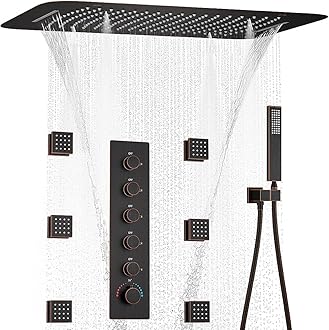 AYIVG Oil Rubbed Bronze Shower System 3 In 1 Multi Function Rainfall Waterfall Ceiling 16 X 24 Inch Shower Head Brass 5 Way Thermostatic Shower Faucet with Handheld Full Body 6 Body Jets
