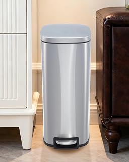 13 Gallon/50 Liter Slim Trash Can, Skinny Stainless Steel Garbage Can with Quiet Soft Close Lid & Removable Inner Bucket, Narrow Trash Bin for Kitchen Bathroom Office Living Room, Silver