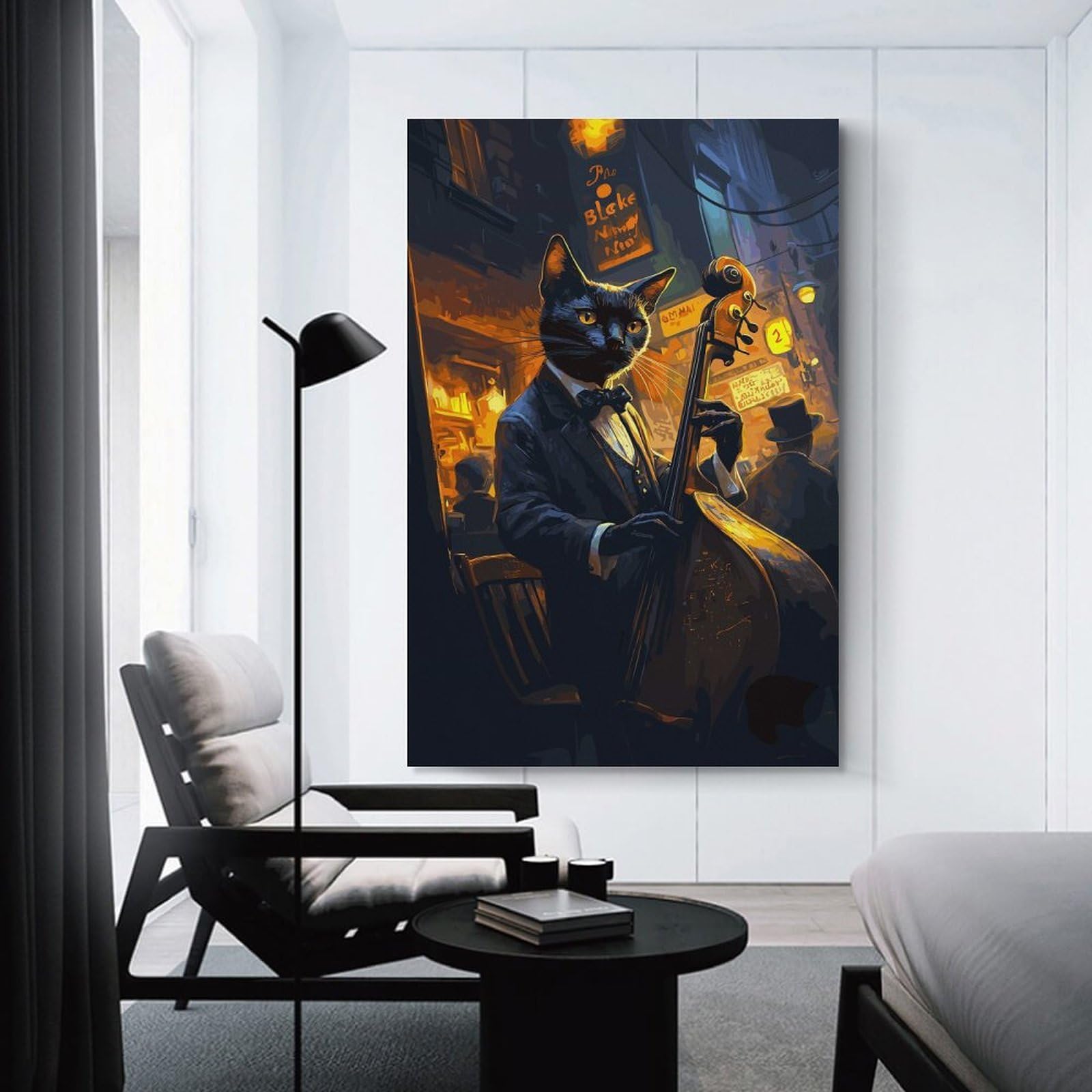 Junmoney Unframe-Style-1 Canvas Wall Picture Cat Jazz Musician, 16X24inch(40X60cm), For Bedroom, Lounge Or Dressing Area, Stylish Decor For A Restful Room Update