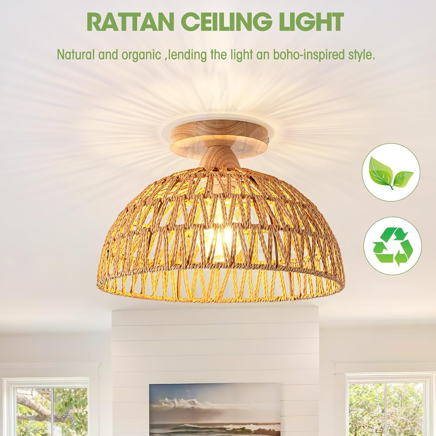 2 Packs Boho Light Rattan Chandelier Ceiling Lighting Fixtures,Boho Lamp Shade Flush Mount Ceiling Light Hand-Woven Small Chandelier for Hallway Bedroom Kitchen Nursery Lights