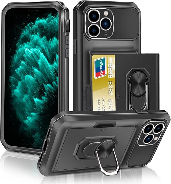 Vunake for iPhone 11 Pro Max Case with Card Holder iPhone 11 Pro Max Case Wallet Case with Ring 2-Cards Slot Case Heavy Duty Hard PC TPU Bumper Cover Protective Phone Case Cover for iPhone 11 Pro Max