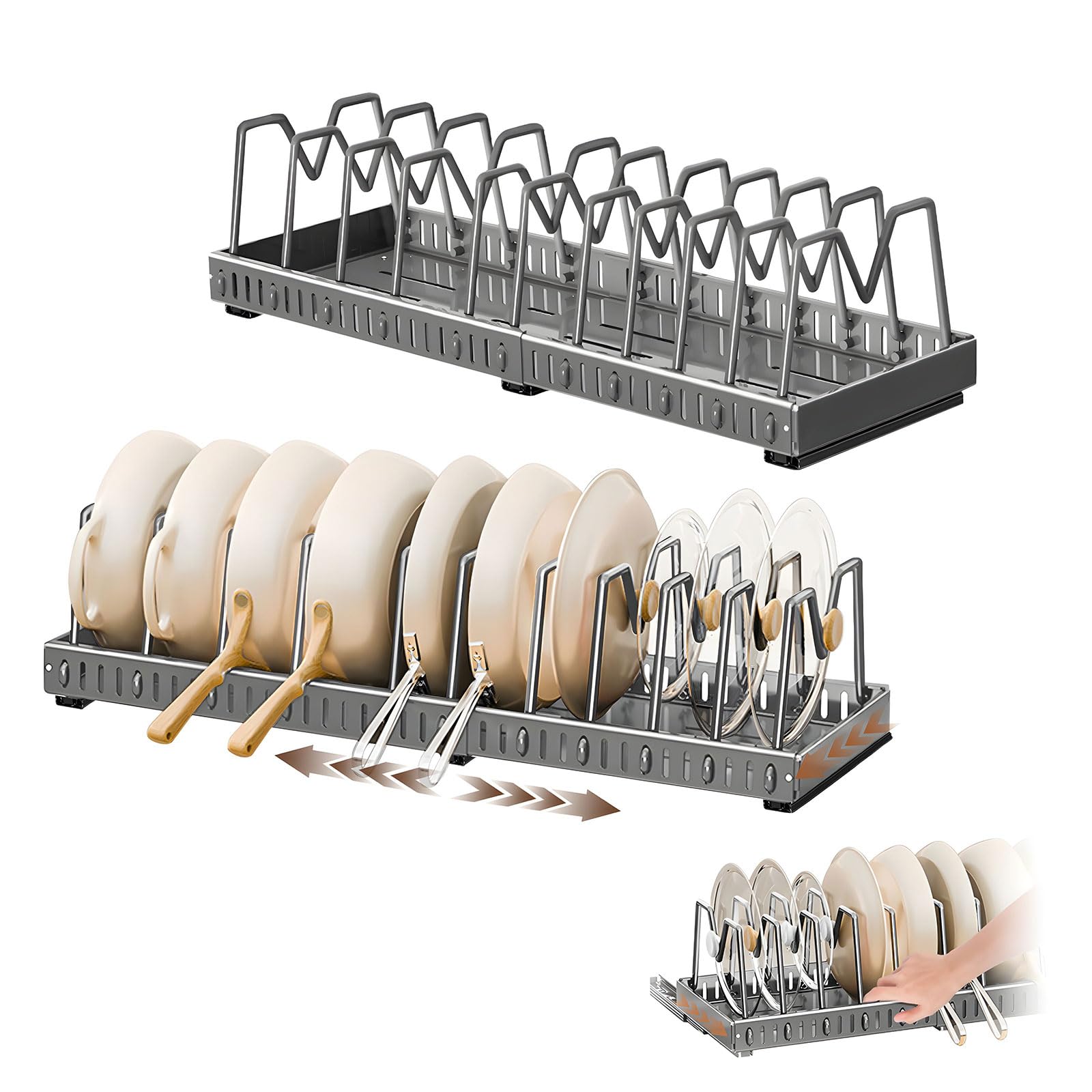 Organizador de tapas para el interior del armario, organizador de tapa de olla expandible con 10 separadores ajustables, extensión y contracción, longitud total de 43,5 a 78 cm (gris, 10 divisores)