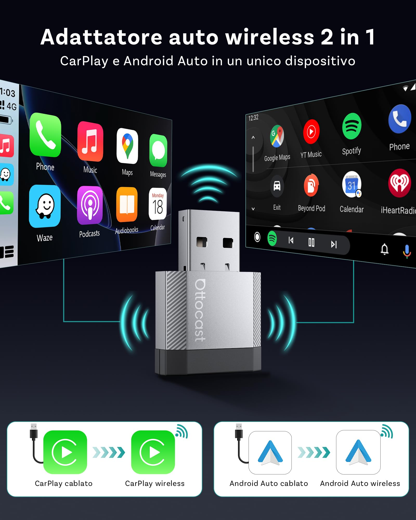 2026 Aggiornato Ottocast Mini Nova, Adattatore CarPlay e Android Auto Wireless, USB Plug & Play, Connessione Automatica, Design Compatto in Alluminio, Connessione Stabile Dual Band