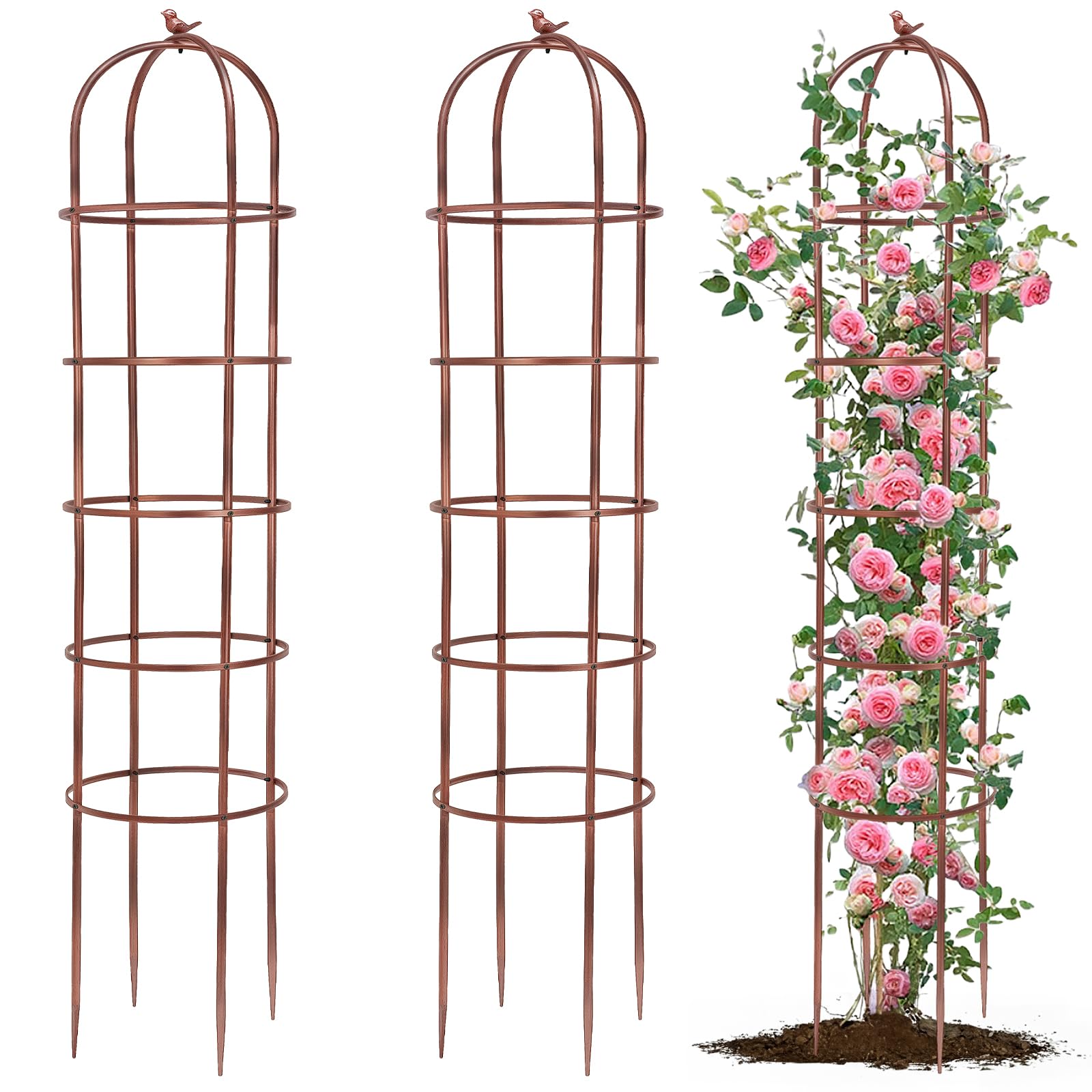 Photo 1 of HEYTIMI 2 Pack 7Ft Heavy Duty Metal Garden Obelisk Trellis for Climbing Plants, Rust-Resistant Steel Vine Support Bird Finial for Rose Clematis, Potted Flowers Stand Indoor Outdoor Decor (Rose Gold)